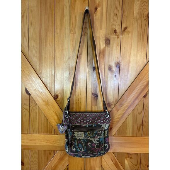 Fossil Canvas Crossbody Messenger Bag Brown Paisley Print Key Bird Charm Tag - Picture 2 of 12